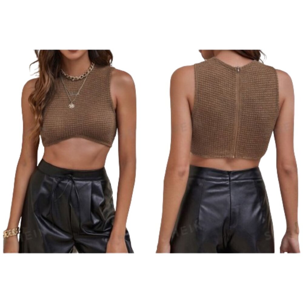 SHEIN Brown Waffle-Knit Crop Top High Neck Sleeveless Curved Front Hemline